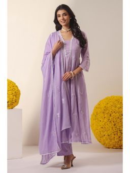 Scakhi - Lavender Mulmul Embroidered and Handwork Anarkali Kurta with Pant and Dupatta