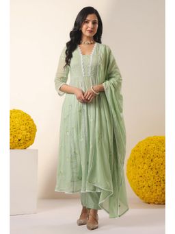 Scakhi - Pistagreen Mulmul Embroidered Anarkali Kurta with Pant and Dupatta