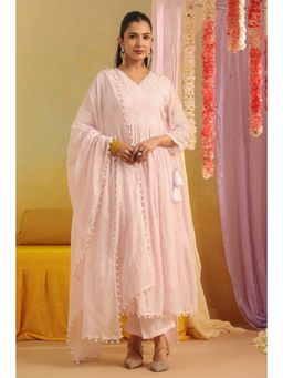 Scakhi - Pink Mulmul Sequin Embroidered Angrakha Kurta with Pant and Dupatta