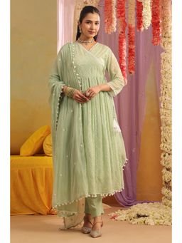 Scakhi - Pistagreen Mulmul Sequin Embroidered Angrakha Kurta with Pant and Dupatta