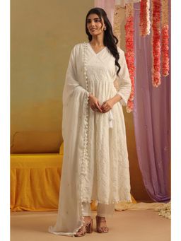 Scakhi - Off White Mulmul Sequin Embroidered Angrakha Kurta with Pant and Dupatta