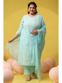 Scakhi - Aqua Cotton Mulmul Chikankari Embroidered Kurta with Pant and Dupatta