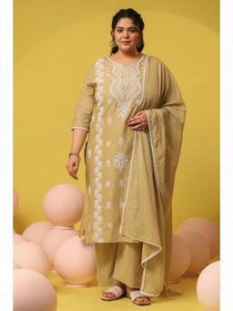 Scakhi - Beige Cotton Mulmul Chikankari Embroidered Kurta with Pant and Dupatta