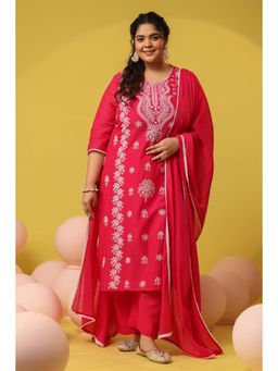 Scakhi - Fuchsia-Pink Cotton Mulmul Chikankari Embroidered Kurta with Pant and Dupatta