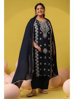 Scakhi - Navy Blue Cotton Mulmul Chikankari Embroidered Kurta with Pant and Dupatta