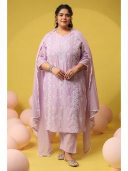 Scakhi - Lavender Cotton Mulmul Chikankari Embroidered Kurta with Pant and Dupatta