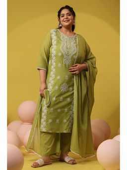 Scakhi - Parrot-Green Cotton Mulmul Chikankari Embroidered Kurta with Pant and Dupatta