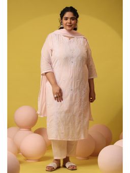 Scakhi - Pink Cotton Mulmul Chikankari Embroidered Kurta with Pant and Dupatta