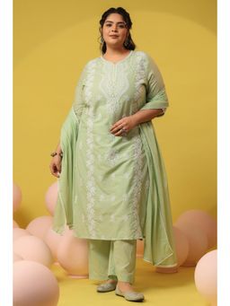 Scakhi - Pistagreen Cotton Mulmul Chikankari Embroidered Kurta with Pant and Dupatta