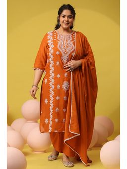 Scakhi - Rust-Orange Cotton Mulmul Chikankari Embroidered Kurta with Pant and Dupatta
