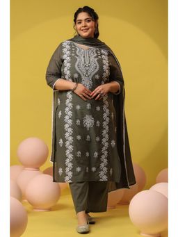 Scakhi - Sage-Green Cotton Mulmul Chikankari Embroidered Kurta with Pant and Dupatta