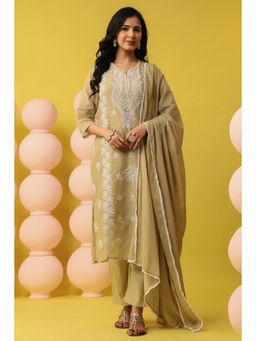 Scakhi - Beige Cotton Mulmul Chikankari Embroidered Kurta with Pant and Dupatta