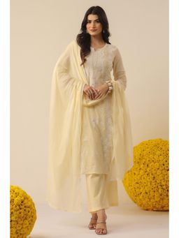 Scakhi - Buttery-Yellow Cotton Mulmul Chikankari Embroidered Kurta with Pant and Dupatta