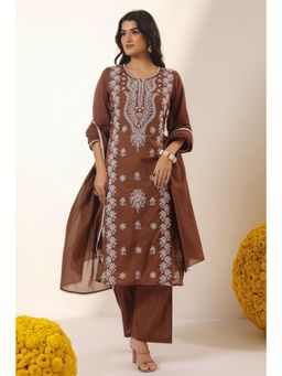 Scakhi - Coffee Brown Cotton Mulmul Chikankari Embroidered Kurta with Pant and Dupatta