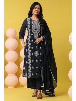 Scakhi - Navy Blue Cotton Mulmul Chikankari Embroidered Kurta with Pant and Dupatta