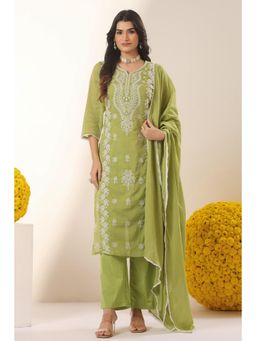 Scakhi - Parrot-Green Cotton Mulmul Chikankari Embroidered Kurta with Pant and Dupatta