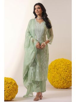 Scakhi - Pistagreen Cotton Mulmul Chikankari Embroidered Kurta with Pant and Dupatta