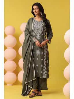 Scakhi - Sage-Green Cotton Mulmul Chikankari Embroidered Kurta with Pant and Dupatta