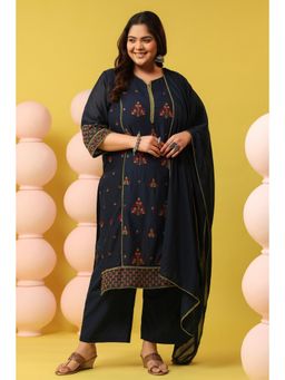 Scakhi - Navy Blue Mulmul Embroidered Straight Kurta with Pant and Dupatta