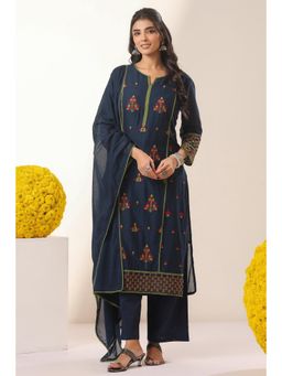 Scakhi - Navy Blue Mulmul Embroidered Straight Kurta with Pant and Dupatta