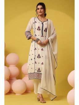 Scakhi - Off White Mulmul Embroidered Straight Kurta with Pant and Dupatta