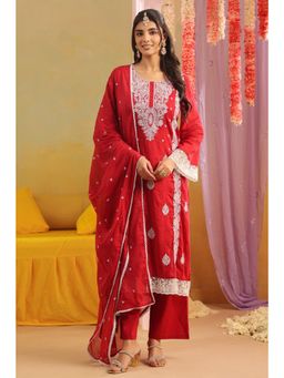 Scakhi - Brick-Red Mulmul Chikankari Embroidery Straight Kurta with Pant and Dupatta