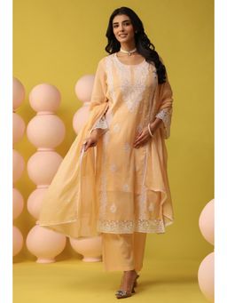 Scakhi - Peach Mulmul Chikankari Embroidery Straight Kurta with Pant and Dupatta