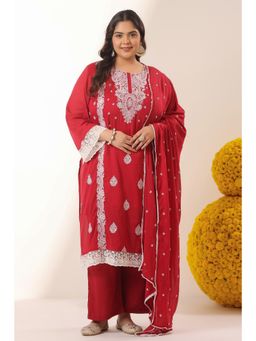 Scakhi - Brick-Red Mulmul Chikankari Embroidery Straight Kurta with Pant and Dupatta