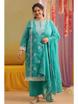 Scakhi - Turquoise Mulmul Chikankari Embroidery Straight Kurta with Pant and Dupatta