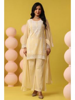 Scakhi - Buttery Yellow Mulmul Chikankari Embroidery Kurta with Palazzo and Dupatta