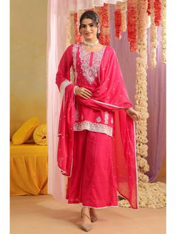 Scakhi - Pink Mulmul Chikankari Embroidery Kurta with Palazzo and Dupatta