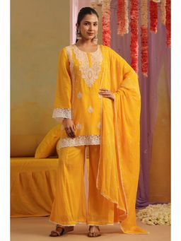 Scakhi - Mangoyellow Mulmul Chikankari Embroidery Kurta with Palazzo and Dupatta
