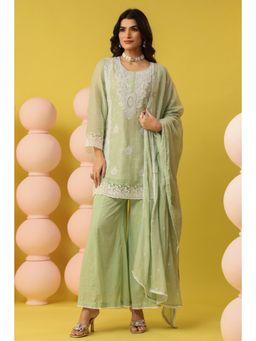 Scakhi - Pistagreen Mulmul Chikankari Embroidery Kurta with Palazzo and Dupatta