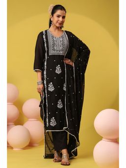 Scakhi - Black Mulmul Chikankari Embroidery Straight Kurta with Pant and Dupatta