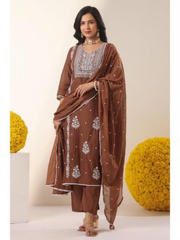Scakhi - Brown Mulmul Chikankari Embroidery Straight Kurta with Pant and Dupatta