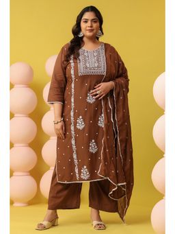 Scakhi - Brown Mulmul Chikankari Embroidery Straight Kurta with Pant and Dupatta