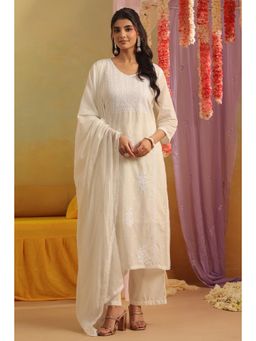 Scakhi - Off White Mulmul Chikankari Embroidery Straight Kurta with Pant and Dupatta