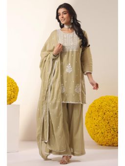 Scakhi - Beige Mulmul Chikankari Embroidery Kurta with Palazzo and Dupatta