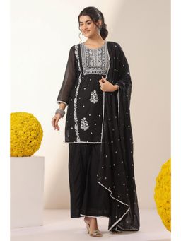 Scakhi - Black Mulmul Chikankari Embroidery Kurta with Palazzo and Dupatta
