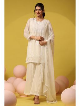 Scakhi - Off White Mulmul Chikankari Embroidery Kurta with Palazzo and Dupatta