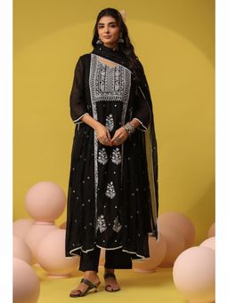 Scakhi - Black Mulmul Chikankari Embroidery Anarkali Kurta with Pant and Dupatta
