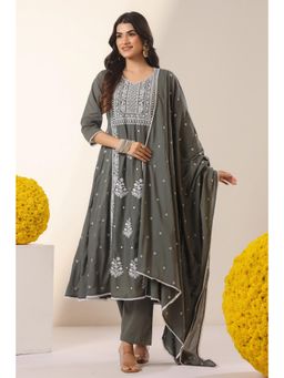 Scakhi - Sage Green Mulmul Chikankari Embroidery Anarkali Kurta with Pant and Dupatta