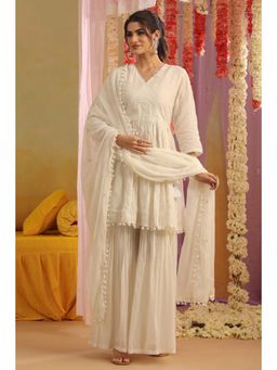 Scakhi - Off White Mulmul Embroidered Angrakha Kurta with Sharara and Dupatta