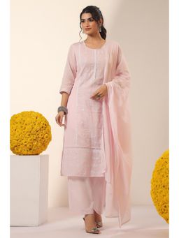 Scakhi - Pink Mulmul Embroidered Straight Kurta with Pant and Dupatta
