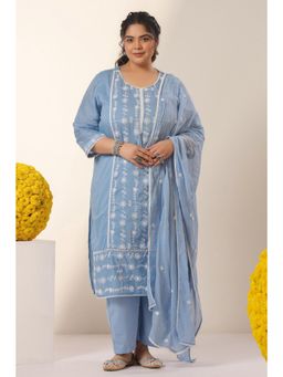 Scakhi - Powderblue Mulmul Embroidered Straight Kurta with Pant and Dupatta
