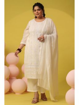 Scakhi - Off White Mulmul Embroidered Straight Kurta with Pant and Dupatta