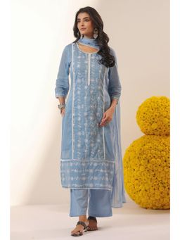 Scakhi - Powderblue Mulmul Embroidered Straight Kurta with Pant and Dupatta
