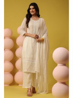 Scakhi - Off White Mulmul Embroidered Straight Kurta with Pant and Dupatta