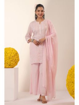 Scakhi - Pink Mulmul Embroidery Kurta with Palazzo and Dupatta