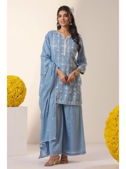 Scakhi - Powderblue Mulmul Embroidery Kurta with Palazzo and Dupatta